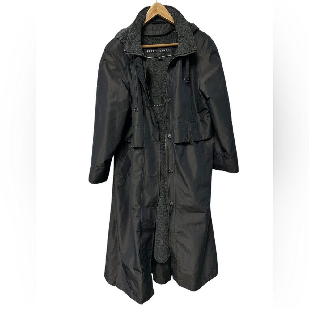 Vtg Fleet Street Full Length Hooded Rain Coat Trench Jacket Black Adjustable 10p